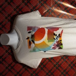 Free State, white tee, multi color geometric design